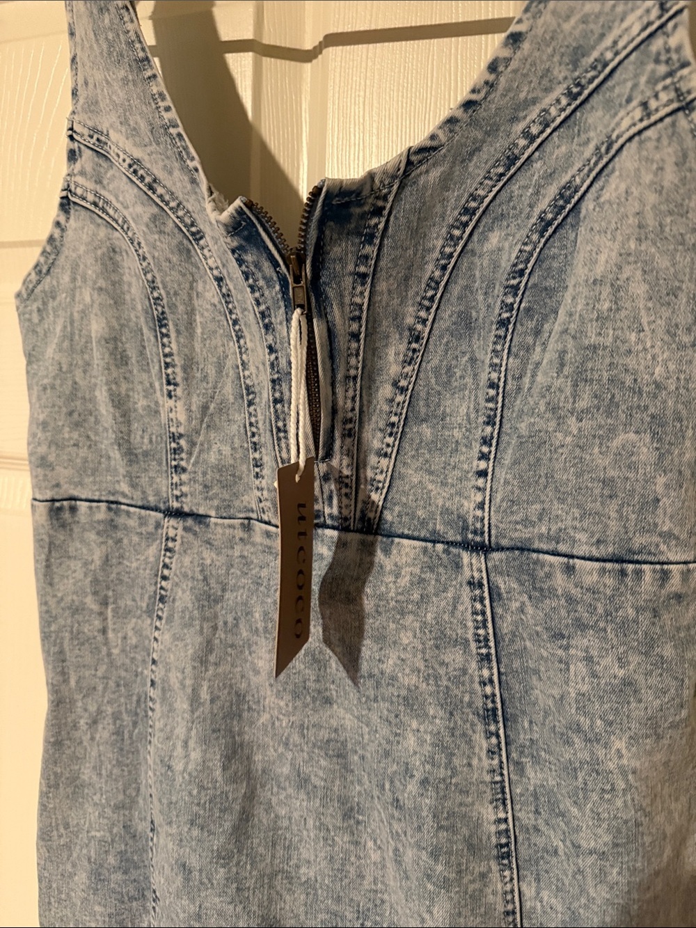 Light Blue Acid-Wash Denim Mini Dress with Front Zip - Picture 4 of 13